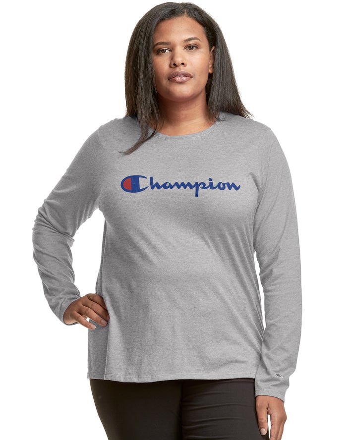 Champion Womens T-Shirt NZ - Plus Classic Long-Sleeve Script Logo Grey ( 2457-QIJMC )